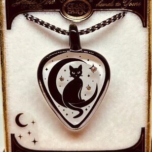 Cat and Moon Necklace Crystal Pendant Black White Cord Celestial Jewelry